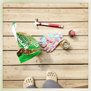 Here are the supplies you will need for this craft project.  It is very important to wear knock-off Crocs because they imply that you are very, very serious about getting sh*t DONE, so serious that you are not planning to leave the house until said sh*t is DONE, thus the shoes you can’t leave your house in.  That way, if anyone comes by and is like, Hey, Emma, why haven’t you left the house in the past seven years or whatever?  Then you can be like, Hey, Judgey McJudgerson, I’ve been up in here getting sh*t DONE, and you know how you can tell? I’m wearing getting sh*t DONE shoes.  Peace.